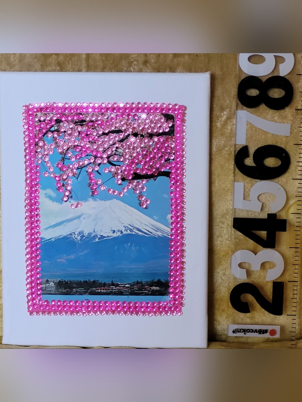 MT. FUJI & CHERRY BLOSSOMS JAPANESE ART WITH PINK RHINESTONES, One-Of-A-Kind!